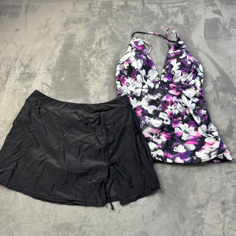 Yonique Tankini Swimsuit Womens Large Black Floral Purple‎ Skirt Two Piece NWT